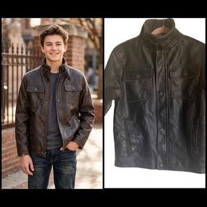 Hawke & Co Boys Brown Faux Leather Sherpa Collar Bomber Biker Moto Jacket 10/12